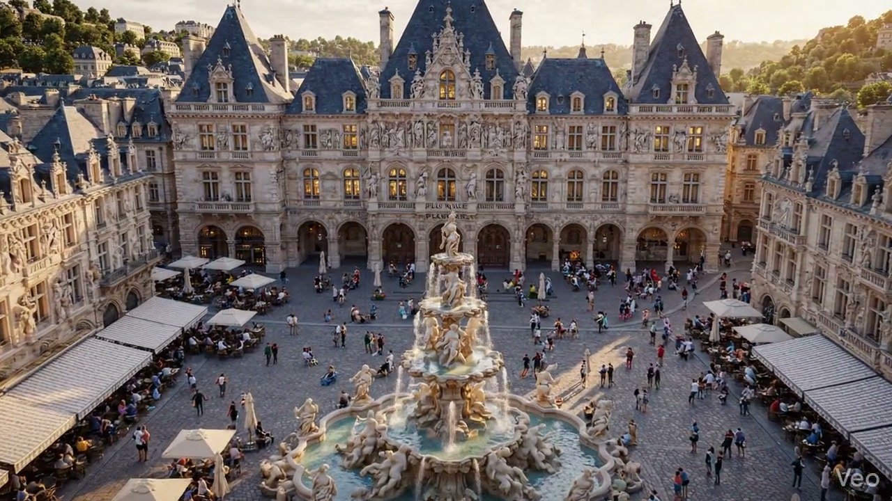 Façade de l'hôtel de ville de Montere vue du ciel avec place pavée animée