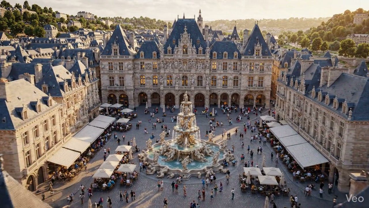 Grande place du centre-ville avec marché, terrasses, passants et fontaine