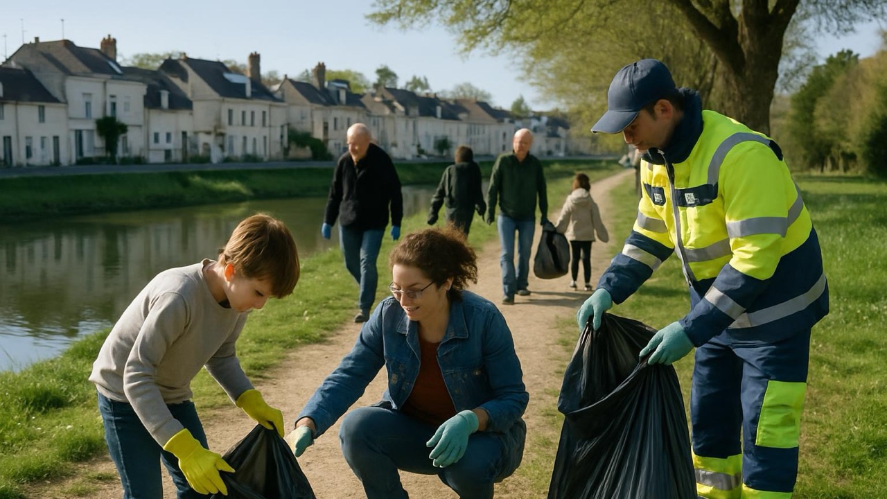 Habitants et enfants qui ramassent des déchets le long d’un chemin au bord de l’eau